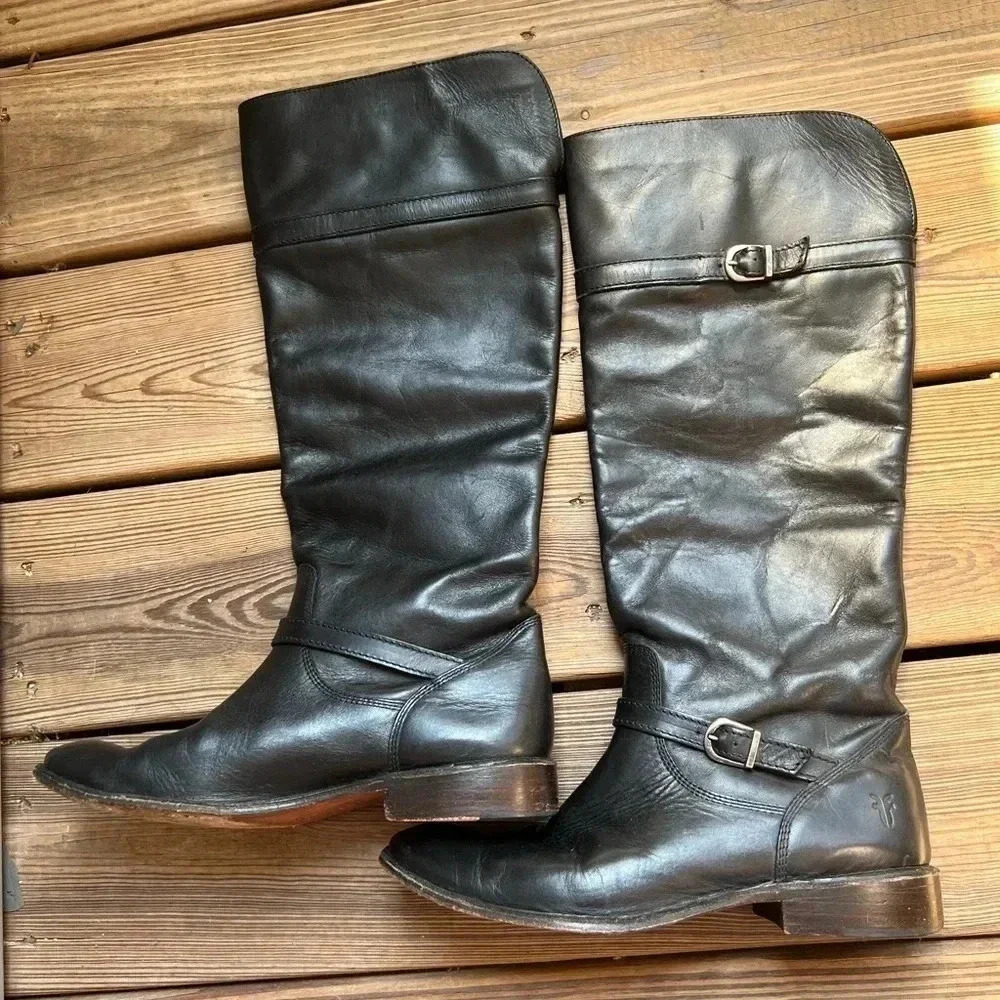 FRYE Black Leather Double Buckle Straps Riding Boots Sz 7.5B